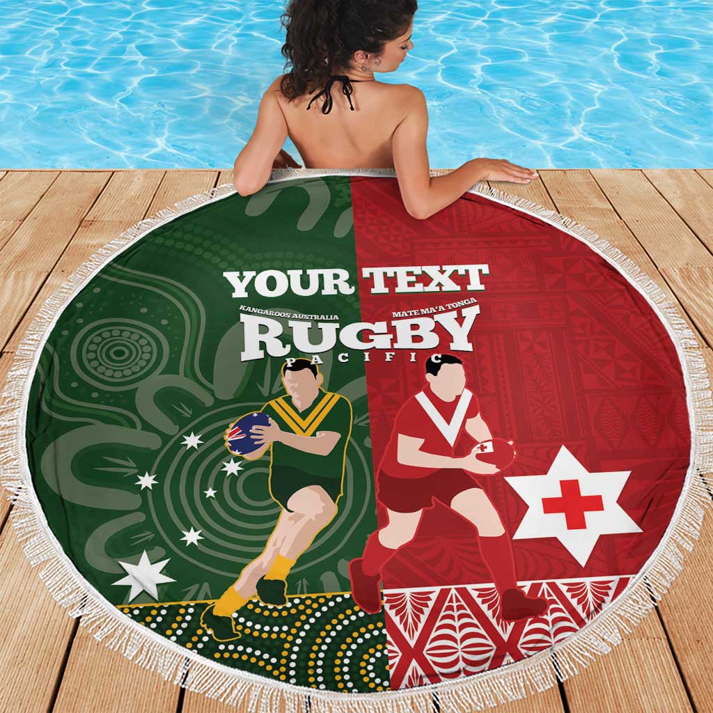 Custom Mate Maa Tonga And Kangaroo Australia Beach Blanket Tongan Kupesi Mix Aboriginal Art LT14 - Polynesian Pride