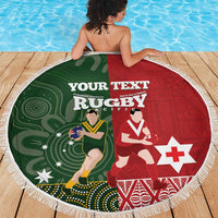 Custom Mate Maa Tonga And Kangaroo Australia Beach Blanket Tongan Kupesi Mix Aboriginal Art LT14 - Polynesian Pride