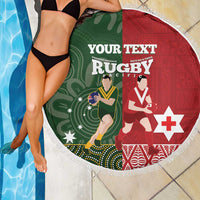 Custom Mate Maa Tonga And Kangaroo Australia Beach Blanket Tongan Kupesi Mix Aboriginal Art LT14 - Polynesian Pride
