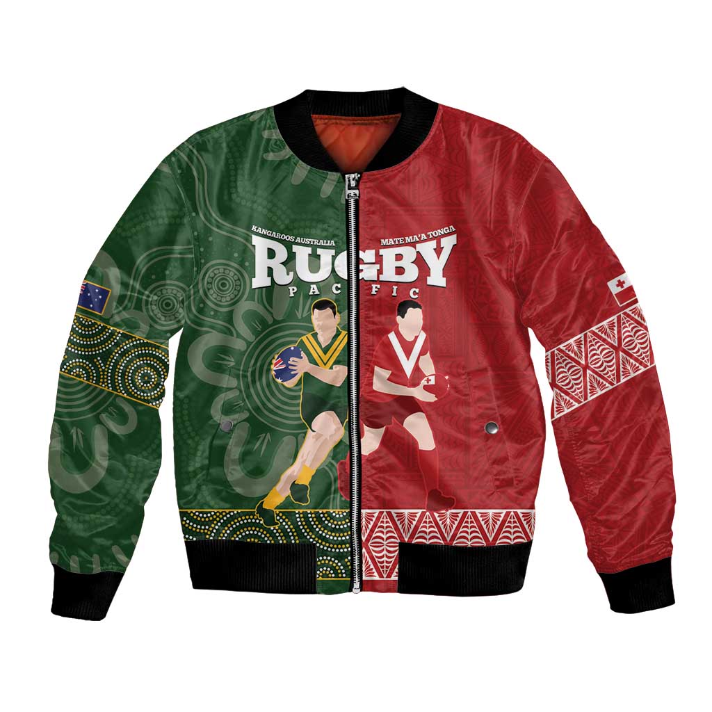 Custom Mate Maa Tonga And Kangaroo Australia Bomber Jacket Tongan Kupesi Mix Aboriginal Art LT14 Unisex Green - Polynesian Pride