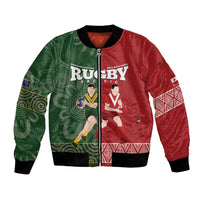 Custom Mate Maa Tonga And Kangaroo Australia Bomber Jacket Tongan Kupesi Mix Aboriginal Art LT14 Unisex Green - Polynesian Pride
