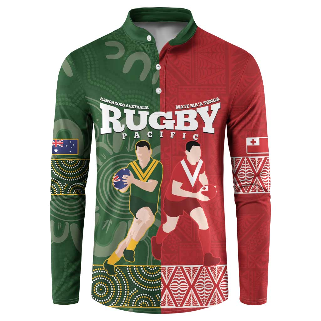Custom Mate Maa Tonga And Kangaroo Australia Button Sweatshirt Tongan Kupesi Mix Aboriginal Art LT14 Green - Polynesian Pride