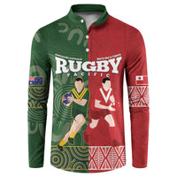Custom Mate Maa Tonga And Kangaroo Australia Button Sweatshirt Tongan Kupesi Mix Aboriginal Art LT14 Green - Polynesian Pride