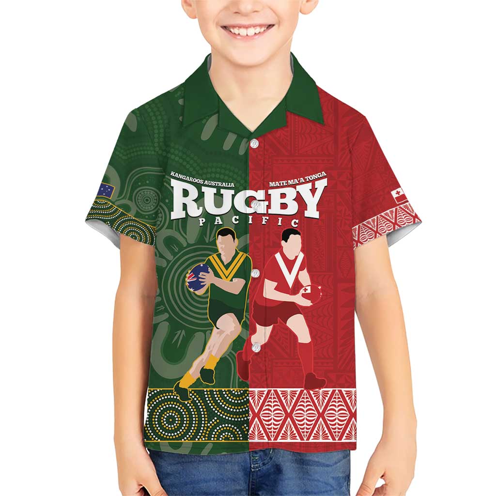 Custom Mate Maa Tonga And Kangaroo Australia Kid Hawaiian Shirt Tongan Kupesi Mix Aboriginal Art LT14 Kid Green - Polynesian Pride