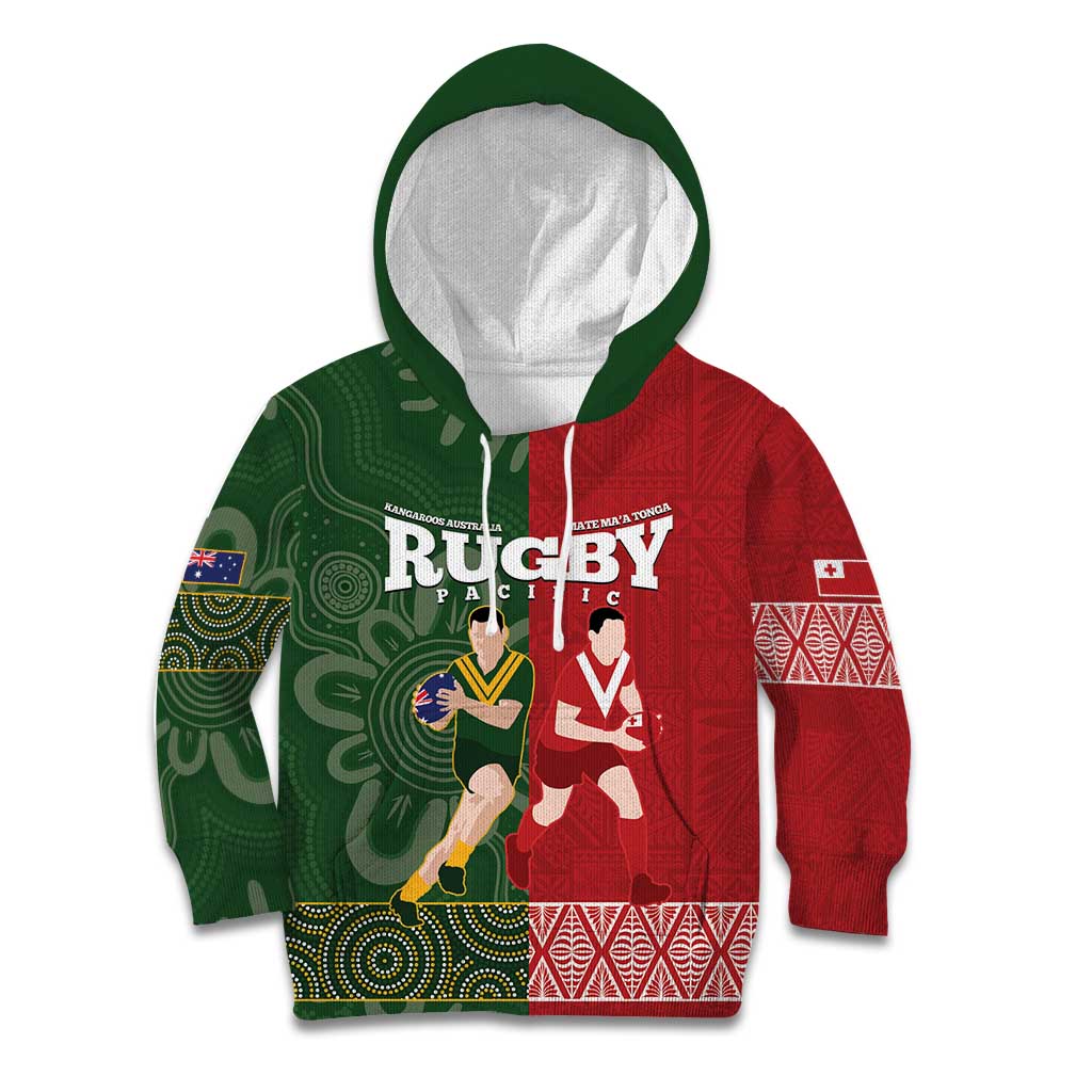 Custom Mate Maa Tonga And Kangaroo Australia Kid Hoodie Tongan Kupesi Mix Aboriginal Art LT14 Hoodie Green - Polynesian Pride