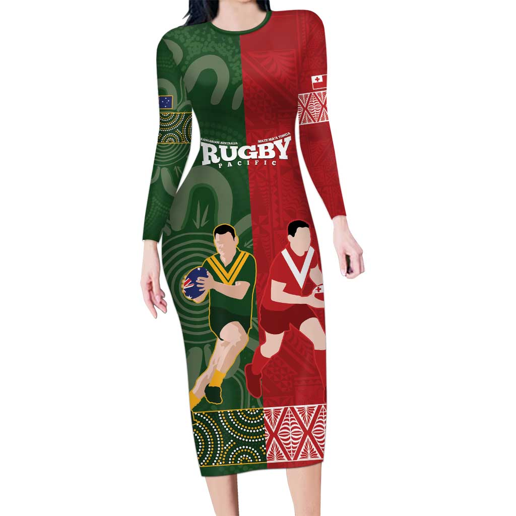Custom Mate Maa Tonga And Kangaroo Australia Long Sleeve Bodycon Dress Tongan Kupesi Mix Aboriginal Art LT14 Long Dress Green - Polynesian Pride