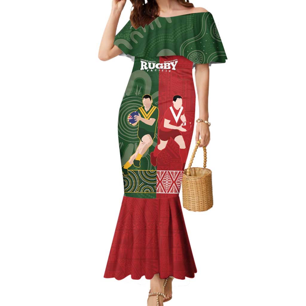 Custom Mate Maa Tonga And Kangaroo Australia Mermaid Dress Tongan Kupesi Mix Aboriginal Art LT14 Women Green - Polynesian Pride