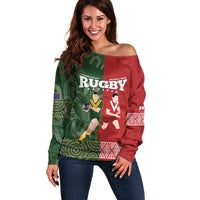 Custom Mate Maa Tonga And Kangaroo Australia Off Shoulder Sweater Tongan Kupesi Mix Aboriginal Art LT14 Women Green - Polynesian Pride
