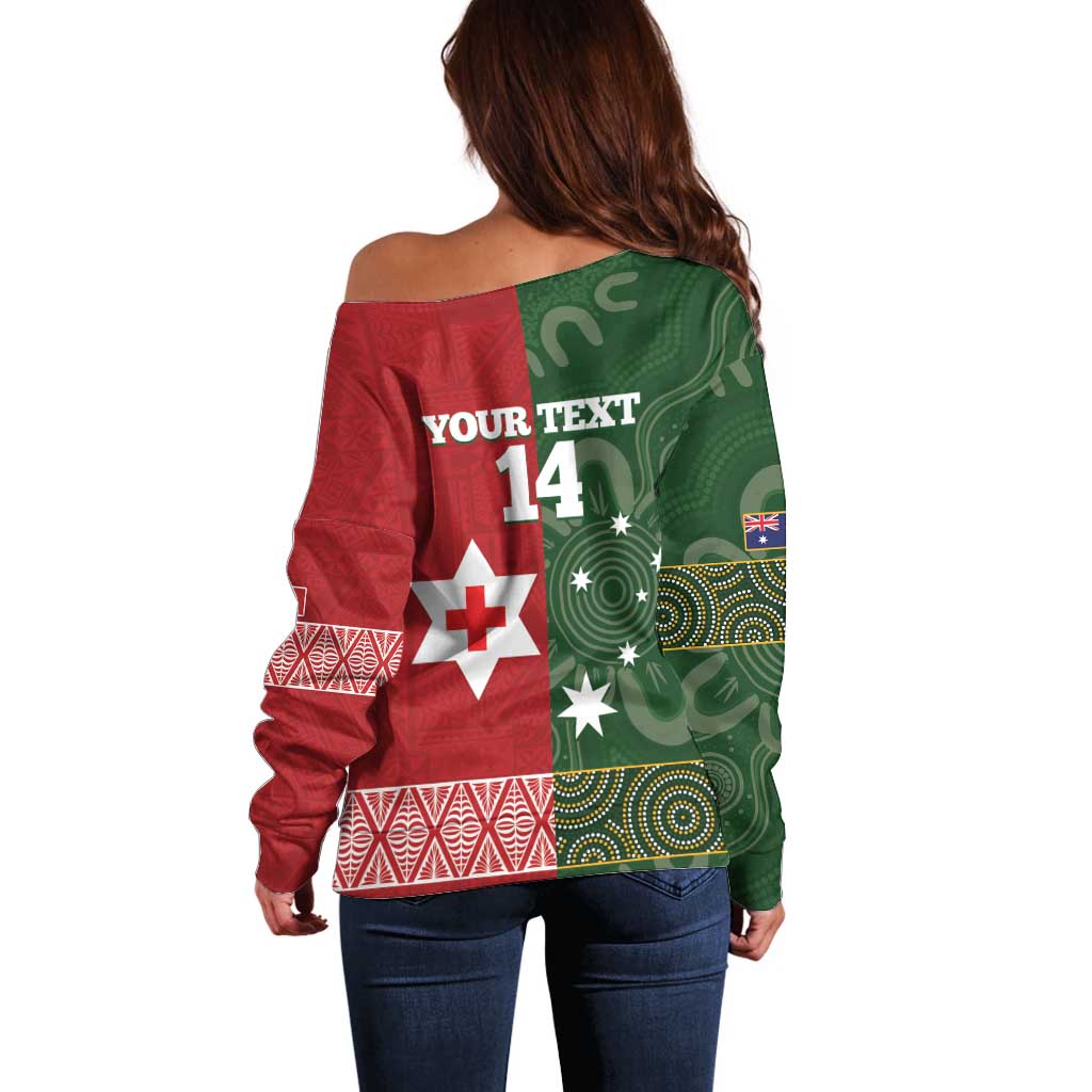 Custom Mate Maa Tonga And Kangaroo Australia Off Shoulder Sweater Tongan Kupesi Mix Aboriginal Art LT14 - Polynesian Pride