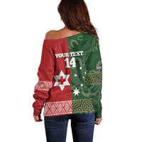 Custom Mate Maa Tonga And Kangaroo Australia Off Shoulder Sweater Tongan Kupesi Mix Aboriginal Art LT14 - Polynesian Pride