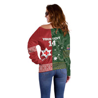 Custom Mate Maa Tonga And Kangaroo Australia Off Shoulder Sweater Tongan Kupesi Mix Aboriginal Art LT14 - Polynesian Pride