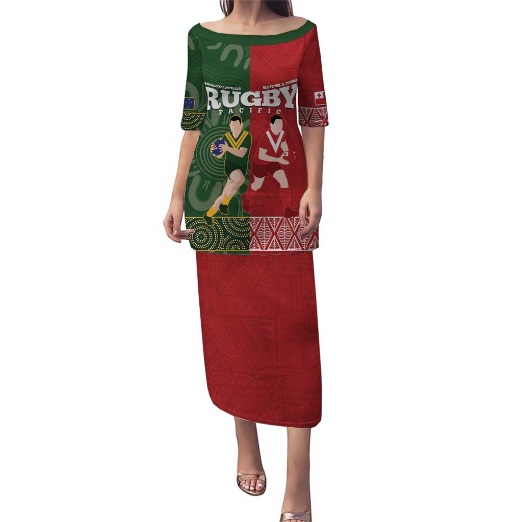 Custom Mate Maa Tonga And Kangaroo Australia Puletasi Tongan Kupesi Mix Aboriginal Art LT14 Long Dress Green - Polynesian Pride