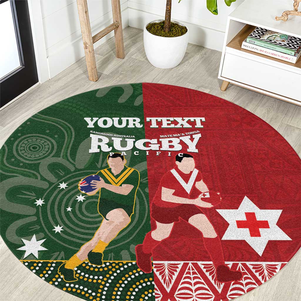 Custom Mate Maa Tonga And Kangaroo Australia Round Carpet Tongan Kupesi Mix Aboriginal Art LT14 Green - Polynesian Pride
