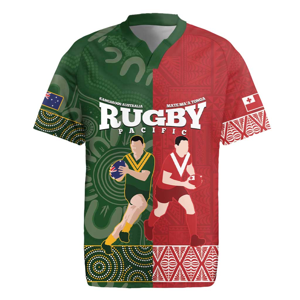 Custom Mate Maa Tonga And Kangaroo Australia Rugby Jersey Tongan Kupesi Mix Aboriginal Art LT14 Green - Polynesian Pride