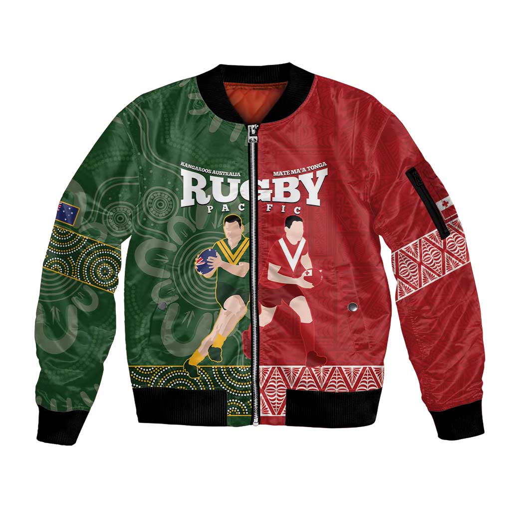 Custom Mate Maa Tonga And Kangaroo Australia Sleeve Zip Bomber Jacket Tongan Kupesi Mix Aboriginal Art LT14 Unisex Green - Polynesian Pride