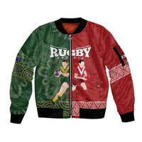 Custom Mate Maa Tonga And Kangaroo Australia Sleeve Zip Bomber Jacket Tongan Kupesi Mix Aboriginal Art LT14 Unisex Green - Polynesian Pride