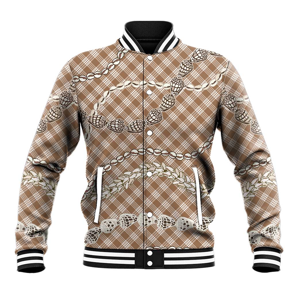 Brown Aloha Hawaii Shell Lei Baseball Jacket Palaka Hebrew Cone Honey Cowrie Elegant Curves LT14 Unisex Brown - Polynesian Pride