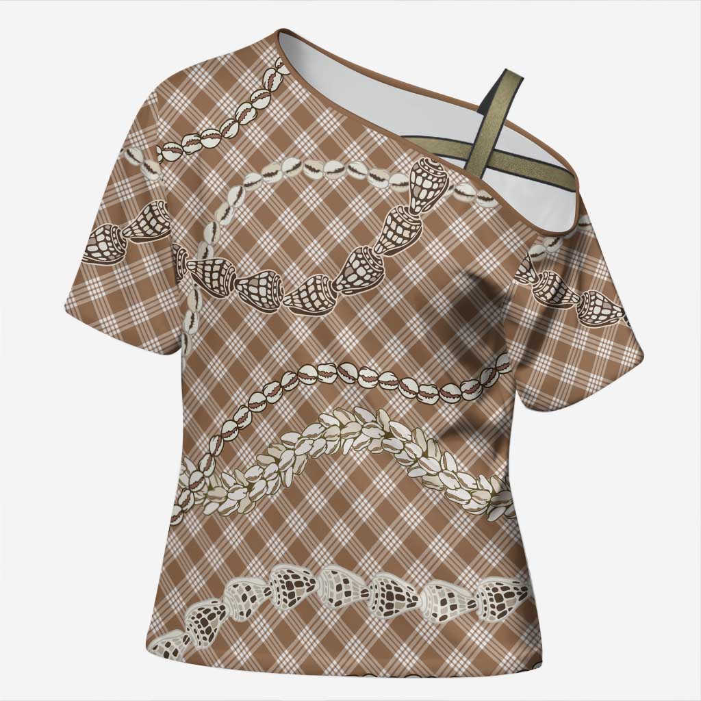 Brown Aloha Hawaii Shell Lei Cross Shoulder Shirt Palaka Hebrew Cone Honey Cowrie Elegant Curves LT14 Female Brown - Polynesian Pride