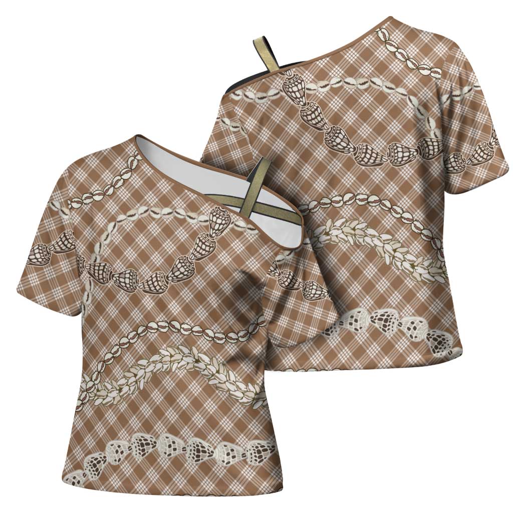 Brown Aloha Hawaii Shell Lei Cross Shoulder Shirt Palaka Hebrew Cone Honey Cowrie Elegant Curves LT14 - Polynesian Pride