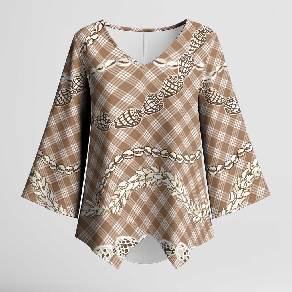 Brown Aloha Hawaii Shell Lei Kimono Sleeve Blouse Palaka Hebrew Cone Honey Cowrie Elegant Curves LT14 Female Brown - Polynesian Pride