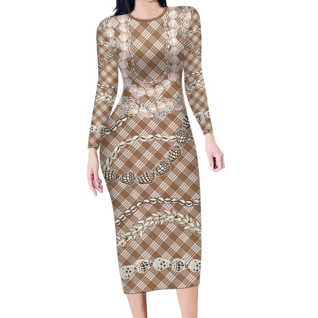 Brown Aloha Hawaii Shell Lei Long Sleeve Bodycon Dress Palaka Hebrew Cone Honey Cowrie Elegant Curves LT14 Long Dress Brown - Polynesian Pride