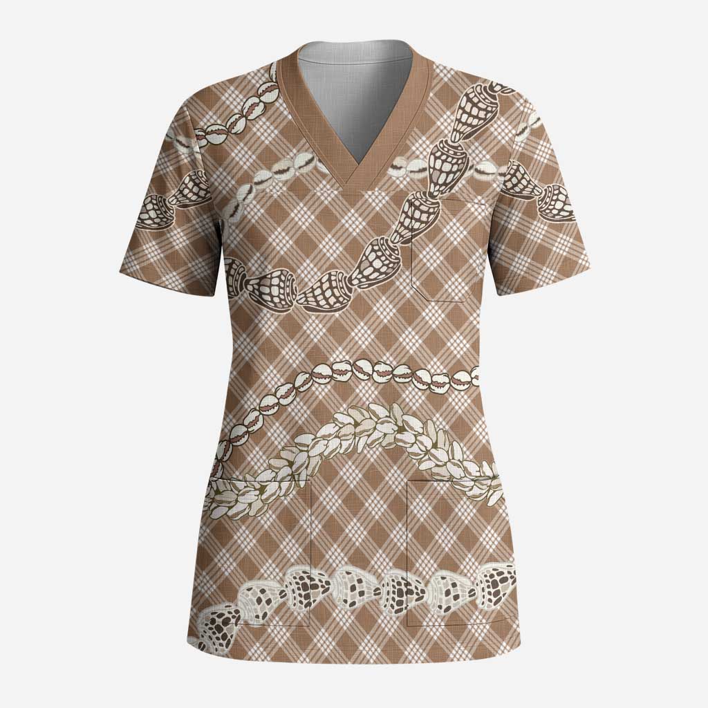 Brown Aloha Hawaii Shell Lei Scrub Top Palaka Hebrew Cone Honey Cowrie Elegant Curves LT14 Adult Brown - Polynesian Pride
