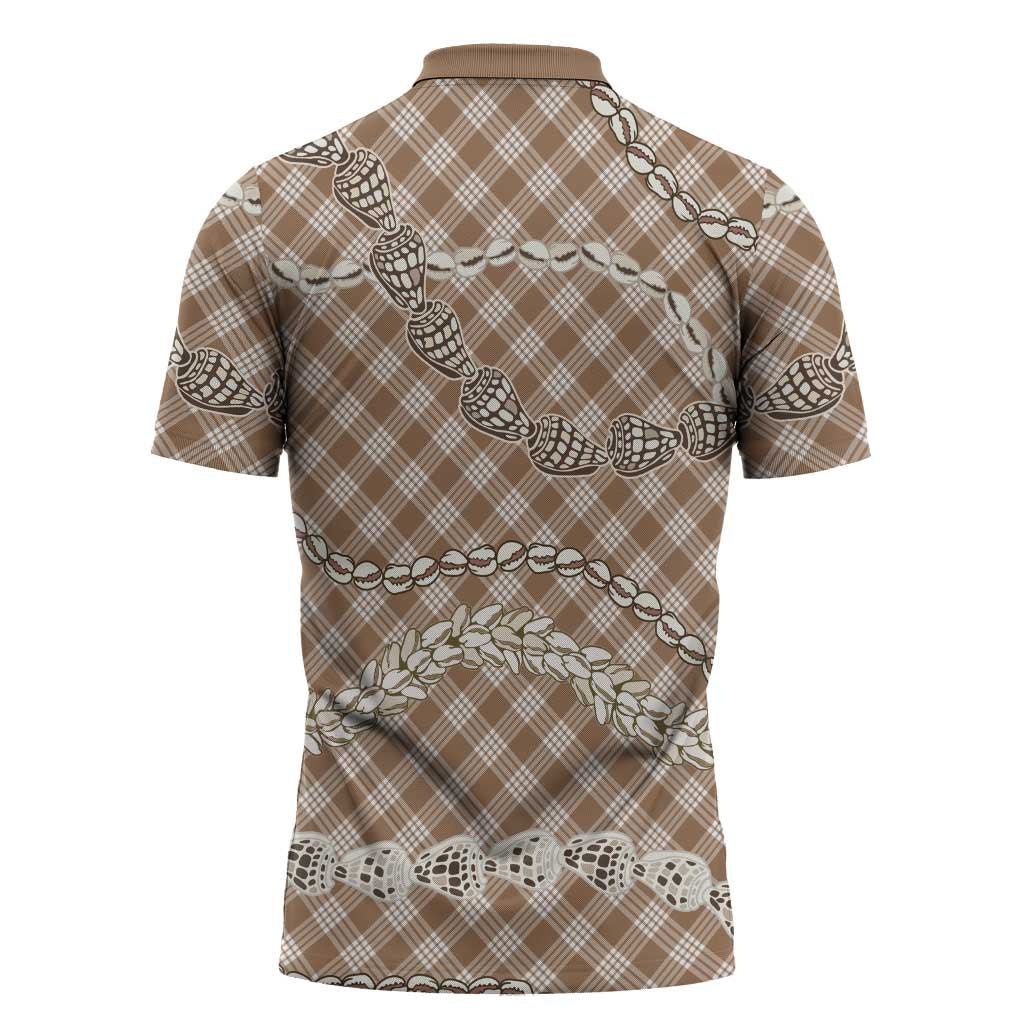Brown Aloha Hawaii Shell Lei Zipper Polo Shirt Palaka Hebrew Cone Honey Cowrie Elegant Curves LT14 - Polynesian Pride