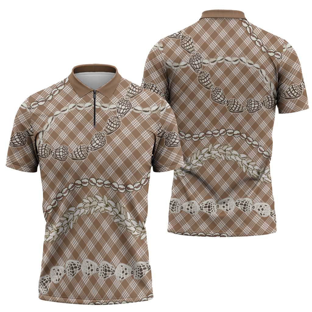 Brown Aloha Hawaii Shell Lei Zipper Polo Shirt Palaka Hebrew Cone Honey Cowrie Elegant Curves LT14 - Polynesian Pride