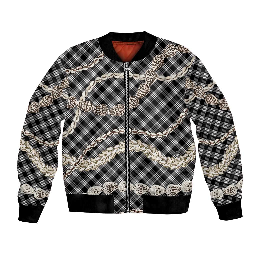 Black Aloha Hawaii Shell Lei Bomber Jacket Palaka Hebrew Cone Honey Cowrie Elegant Curves LT14 Unisex Black - Polynesian Pride