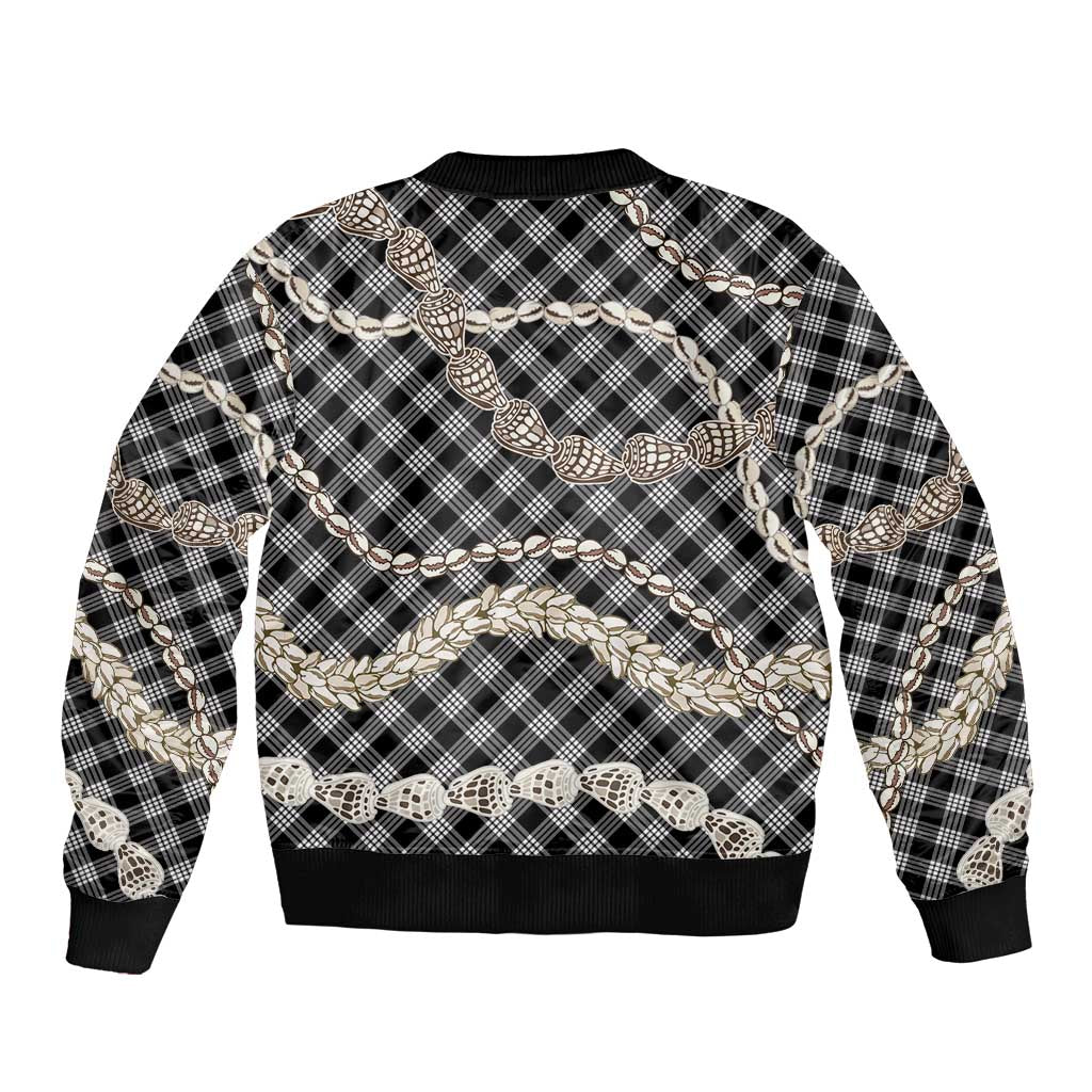 Black Aloha Hawaii Shell Lei Bomber Jacket Palaka Hebrew Cone Honey Cowrie Elegant Curves LT14 - Polynesian Pride