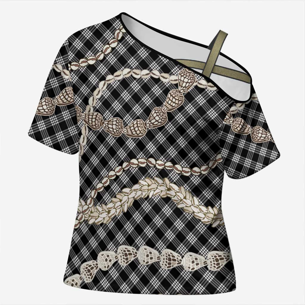Black Aloha Hawaii Shell Lei Cross Shoulder Shirt Palaka Hebrew Cone Honey Cowrie Elegant Curves LT14 Female Black - Polynesian Pride