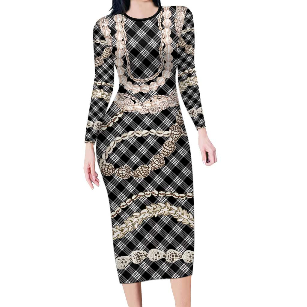 Black Aloha Hawaii Shell Lei Long Sleeve Bodycon Dress Palaka Hebrew Cone Honey Cowrie Elegant Curves LT14 Long Dress Black - Polynesian Pride