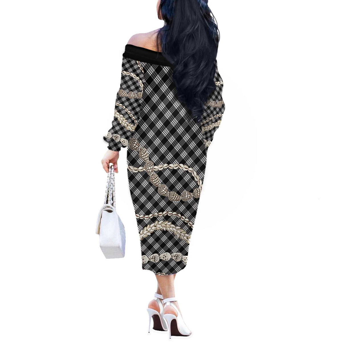 Black Aloha Hawaii Shell Lei Off The Shoulder Long Sleeve Dress Palaka Hebrew Cone Honey Cowrie Elegant Curves LT14 - Polynesian Pride
