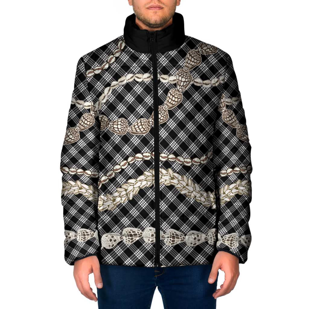 Black Aloha Hawaii Shell Lei Padded Jacket Palaka Hebrew Cone Honey Cowrie Elegant Curves LT14 Men Black - Polynesian Pride