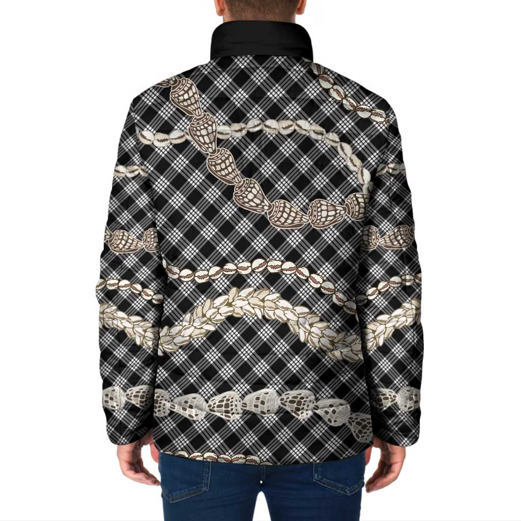 Black Aloha Hawaii Shell Lei Padded Jacket Palaka Hebrew Cone Honey Cowrie Elegant Curves LT14 - Polynesian Pride
