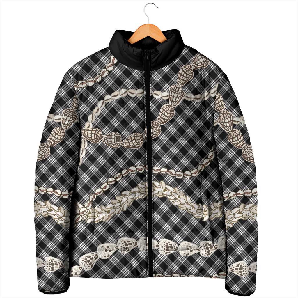 Black Aloha Hawaii Shell Lei Padded Jacket Palaka Hebrew Cone Honey Cowrie Elegant Curves LT14 - Polynesian Pride
