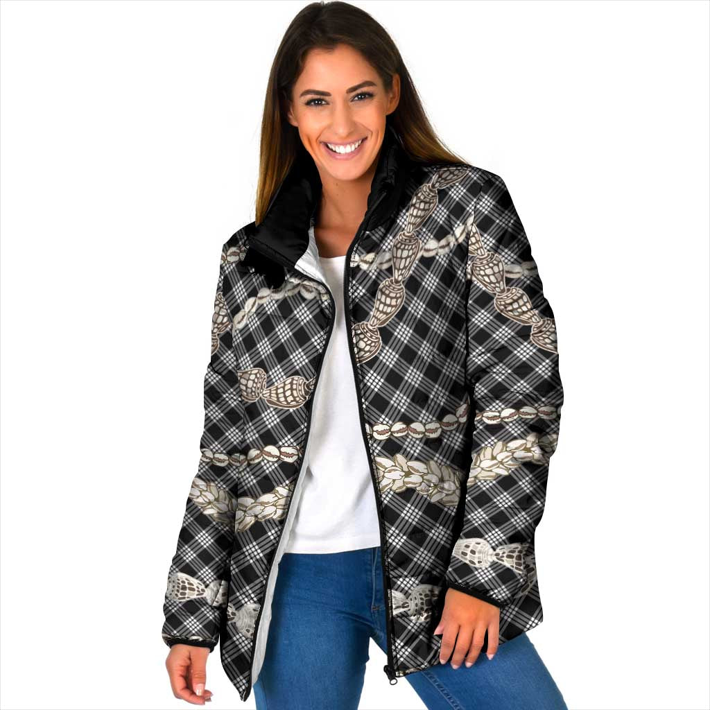 Black Aloha Hawaii Shell Lei Padded Jacket Palaka Hebrew Cone Honey Cowrie Elegant Curves LT14 Women Black - Polynesian Pride