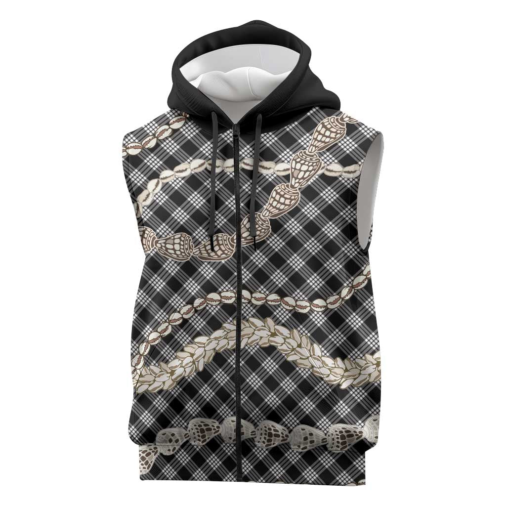 Black Aloha Hawaii Shell Lei Sleeveless Zip Hoodie Palaka Hebrew Cone Honey Cowrie Elegant Curves LT14 Black - Polynesian Pride