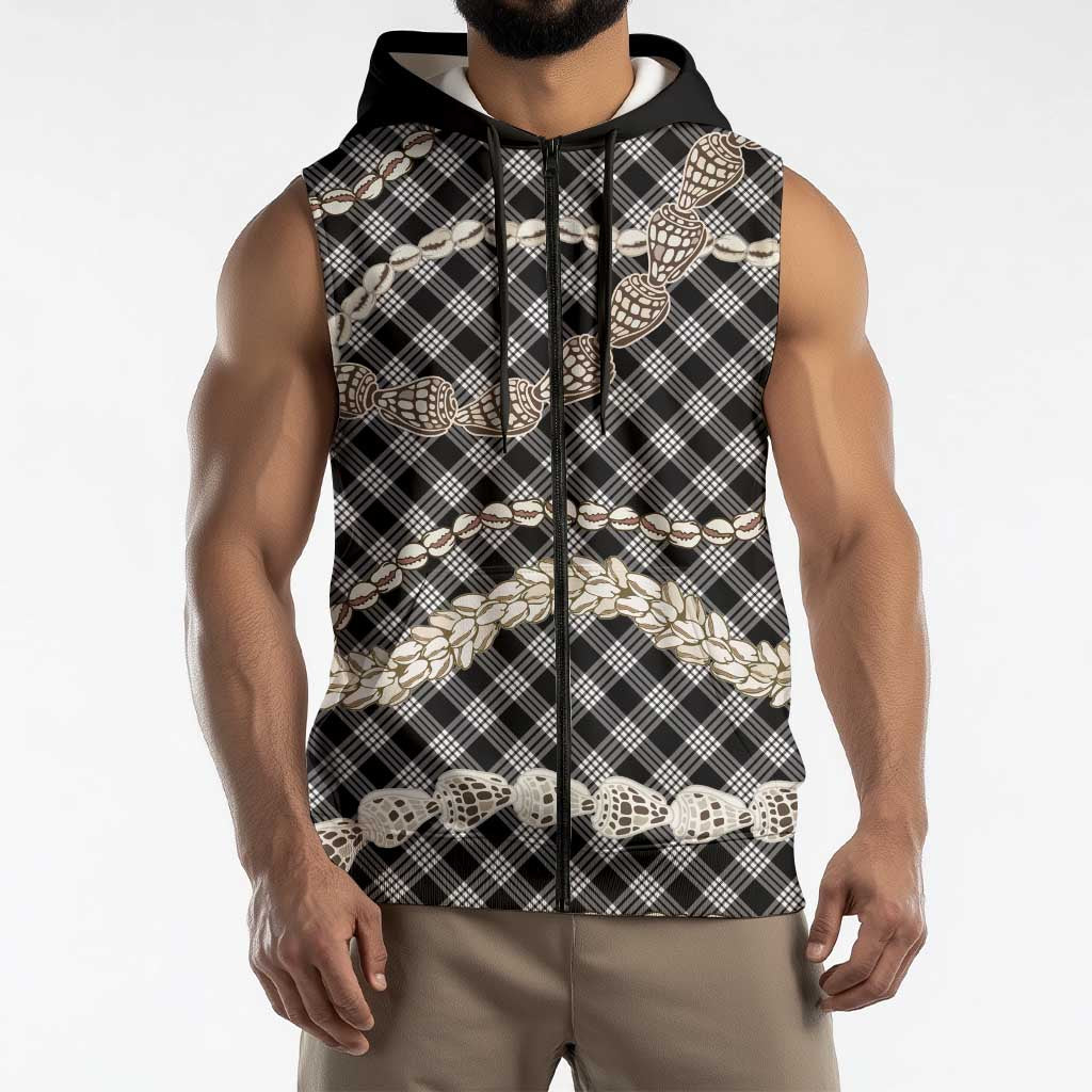 Black Aloha Hawaii Shell Lei Sleeveless Zip Hoodie Palaka Hebrew Cone Honey Cowrie Elegant Curves LT14 - Polynesian Pride