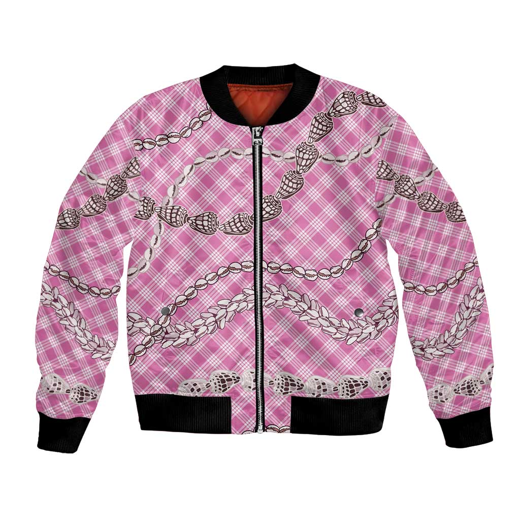 Pink Aloha Hawaii Shell Lei Bomber Jacket Palaka Hebrew Cone Honey Cowrie Elegant Curves LT14 Unisex Pink - Polynesian Pride