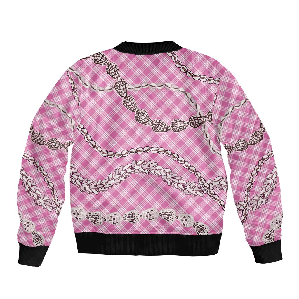 Pink Aloha Hawaii Shell Lei Bomber Jacket Palaka Hebrew Cone Honey Cowrie Elegant Curves LT14 - Polynesian Pride