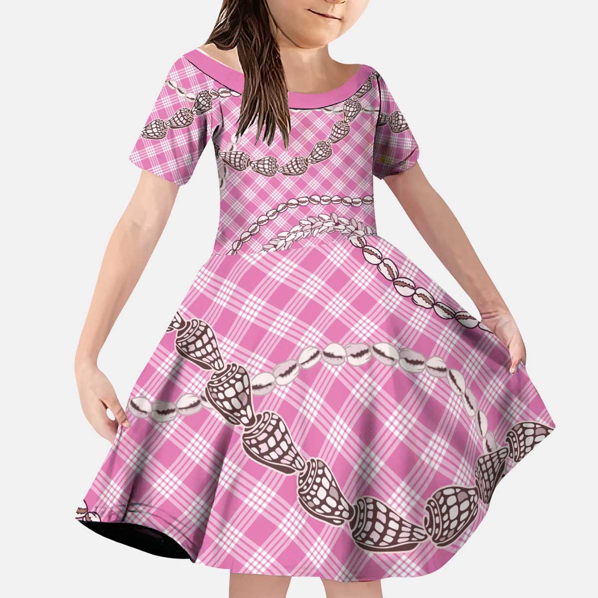 Pink Aloha Hawaii Shell Lei Kid Short Sleeve Dress Palaka Hebrew Cone Honey Cowrie Elegant Curves LT14 KID Pink - Polynesian Pride