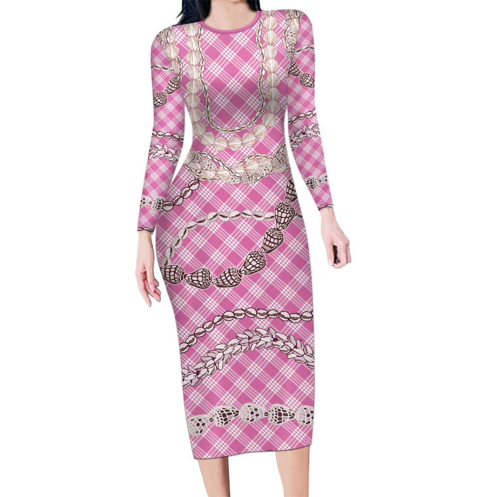 Pink Aloha Hawaii Shell Lei Long Sleeve Bodycon Dress Palaka Hebrew Cone Honey Cowrie Elegant Curves LT14 Long Dress Pink - Polynesian Pride