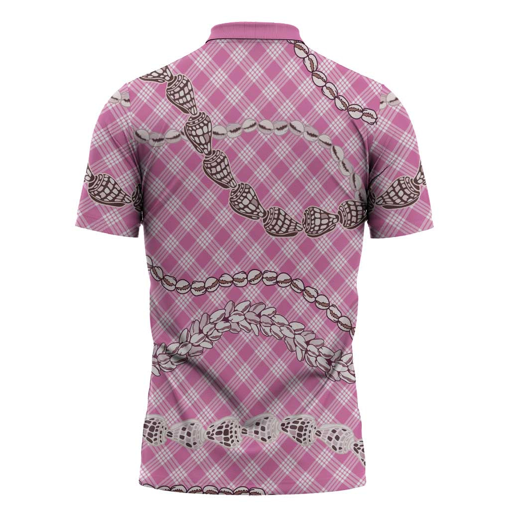 Pink Aloha Hawaii Shell Lei Zipper Polo Shirt Palaka Hebrew Cone Honey Cowrie Elegant Curves LT14 - Polynesian Pride