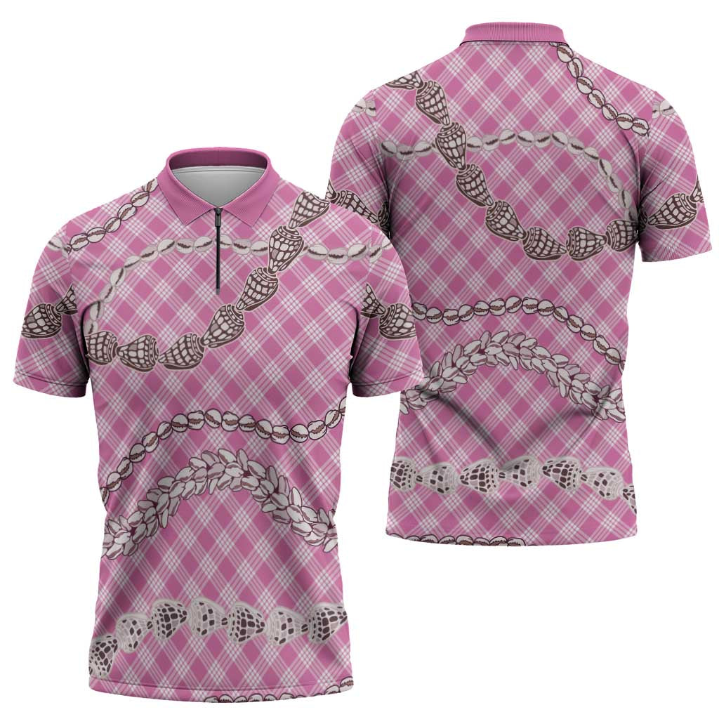 Pink Aloha Hawaii Shell Lei Zipper Polo Shirt Palaka Hebrew Cone Honey Cowrie Elegant Curves LT14 - Polynesian Pride