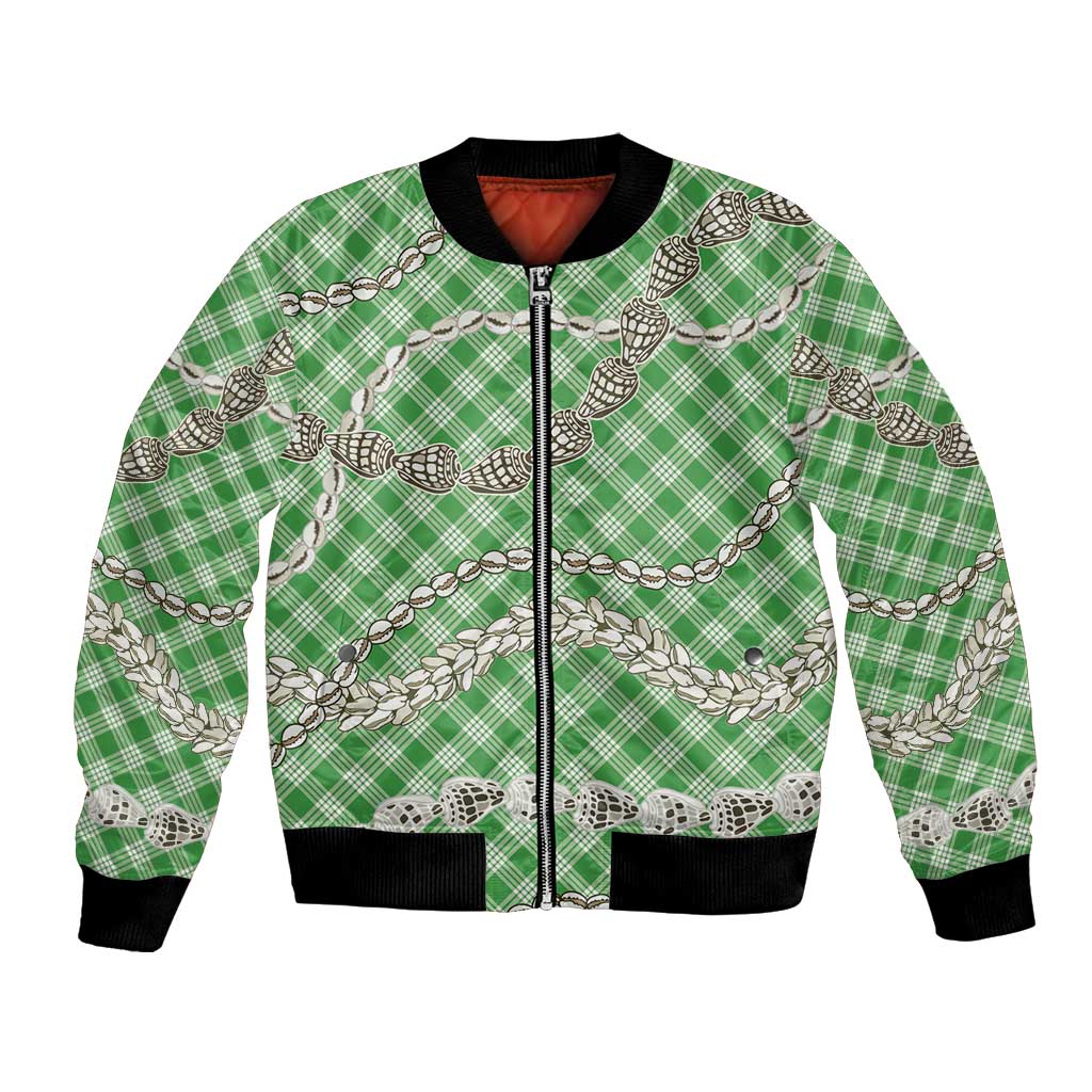 Green Aloha Hawaii Shell Lei Bomber Jacket Palaka Hebrew Cone Honey Cowrie Elegant Curves LT14 Unisex Green - Polynesian Pride
