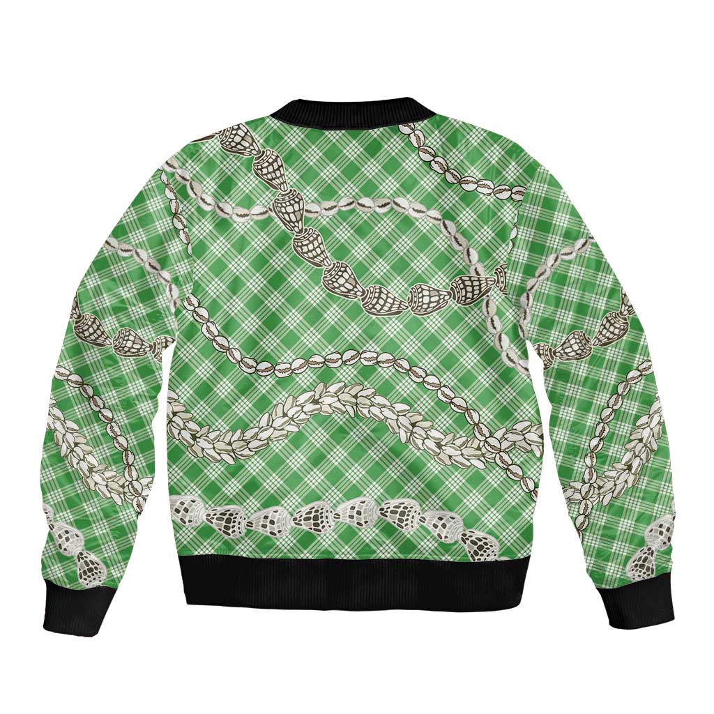 Green Aloha Hawaii Shell Lei Bomber Jacket Palaka Hebrew Cone Honey Cowrie Elegant Curves LT14 - Polynesian Pride