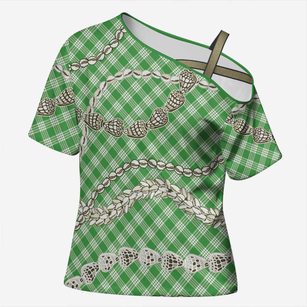 Green Aloha Hawaii Shell Lei Cross Shoulder Shirt Palaka Hebrew Cone Honey Cowrie Elegant Curves LT14 Female Green - Polynesian Pride