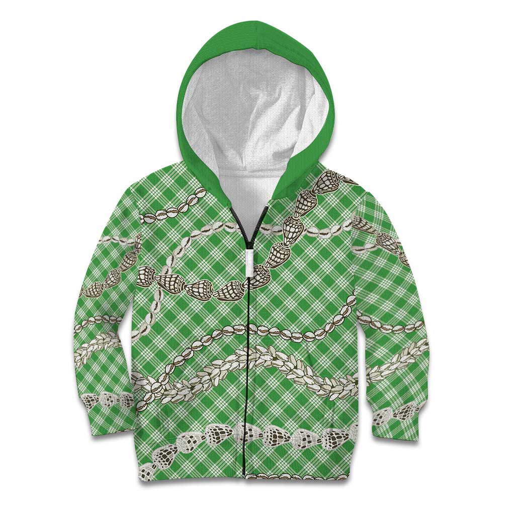 Green Aloha Hawaii Shell Lei Kid Hoodie Palaka Hebrew Cone Honey Cowrie Elegant Curves LT14 Zip Hoodie Green - Polynesian Pride