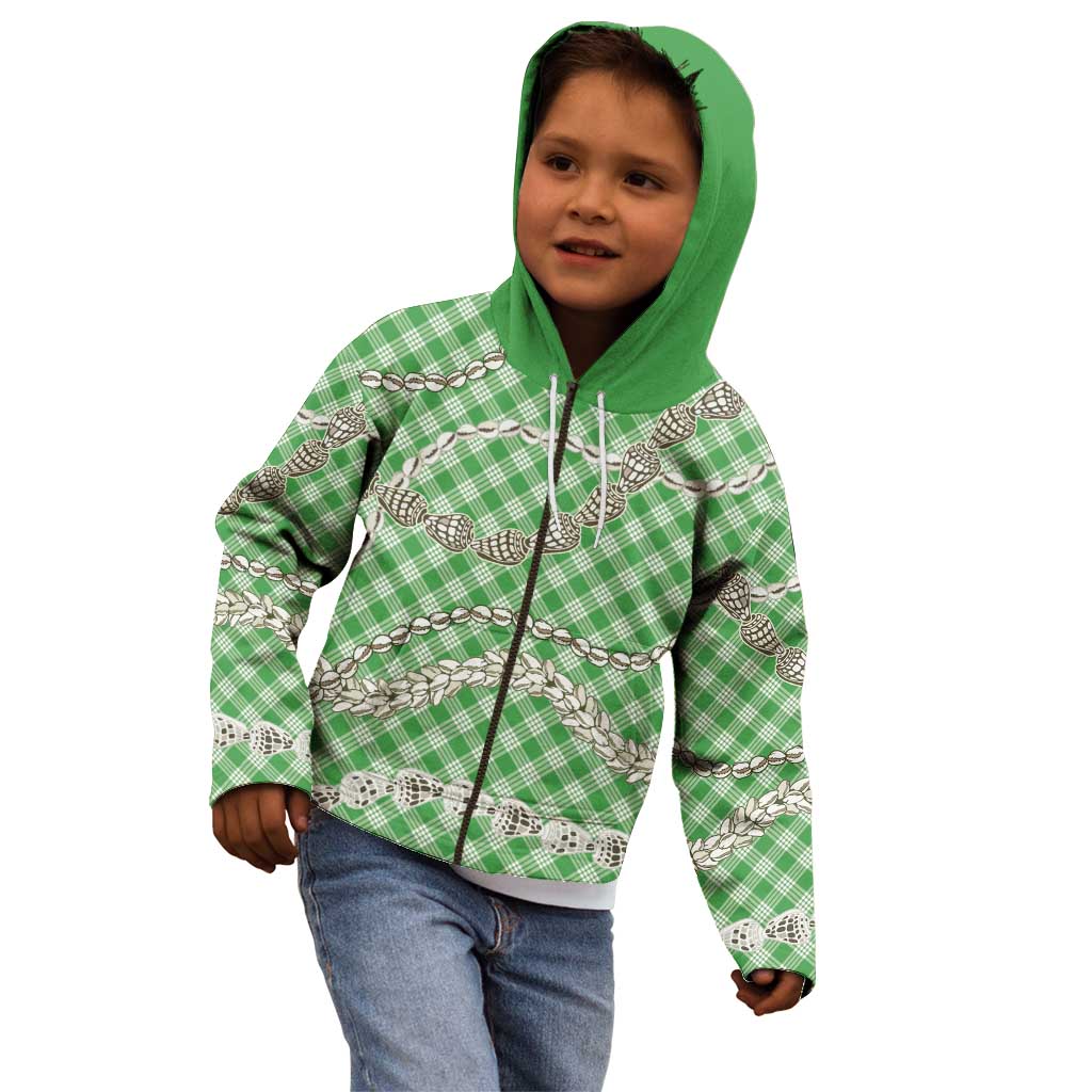 Green Aloha Hawaii Shell Lei Kid Hoodie Palaka Hebrew Cone Honey Cowrie Elegant Curves LT14 - Polynesian Pride